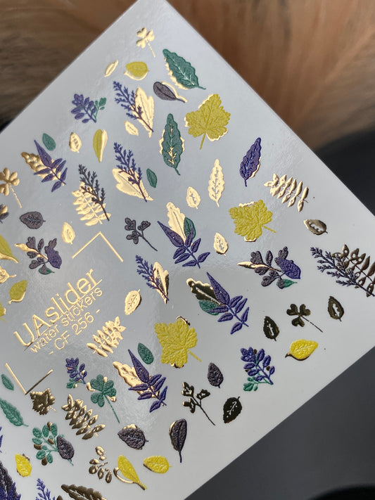 Nail Water Decal CF-256 | Botanical Water Slide Nail Decals | Yellow, Green & Blue Leaves with Gold Foil