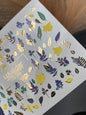 Nail Water Decal CF-256 | Botanical Water Slide Nail Decals | Yellow, Green & Blue Leaves with Gold Foil