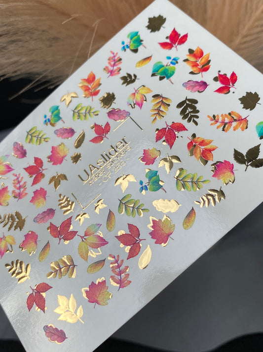 Nail Water Decal CF-255 | Autumn Water Slide Nail Decals | Multicolor Leaves with Gold Foil