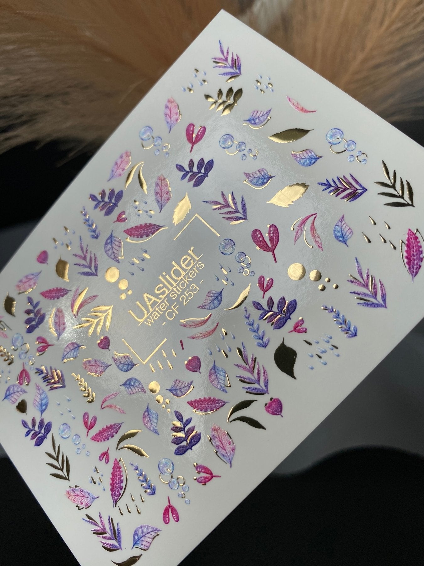 Nail Water Decal CF-253 | Botanical Water Slide Nail Decals | Pink & Purple Leaves with Gold Foil - UASLIDER
