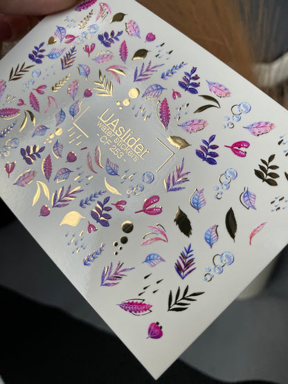 Nail Water Decal CF-253 | Botanical Water Slide Nail Decals | Pink & Purple Leaves with Gold Foil