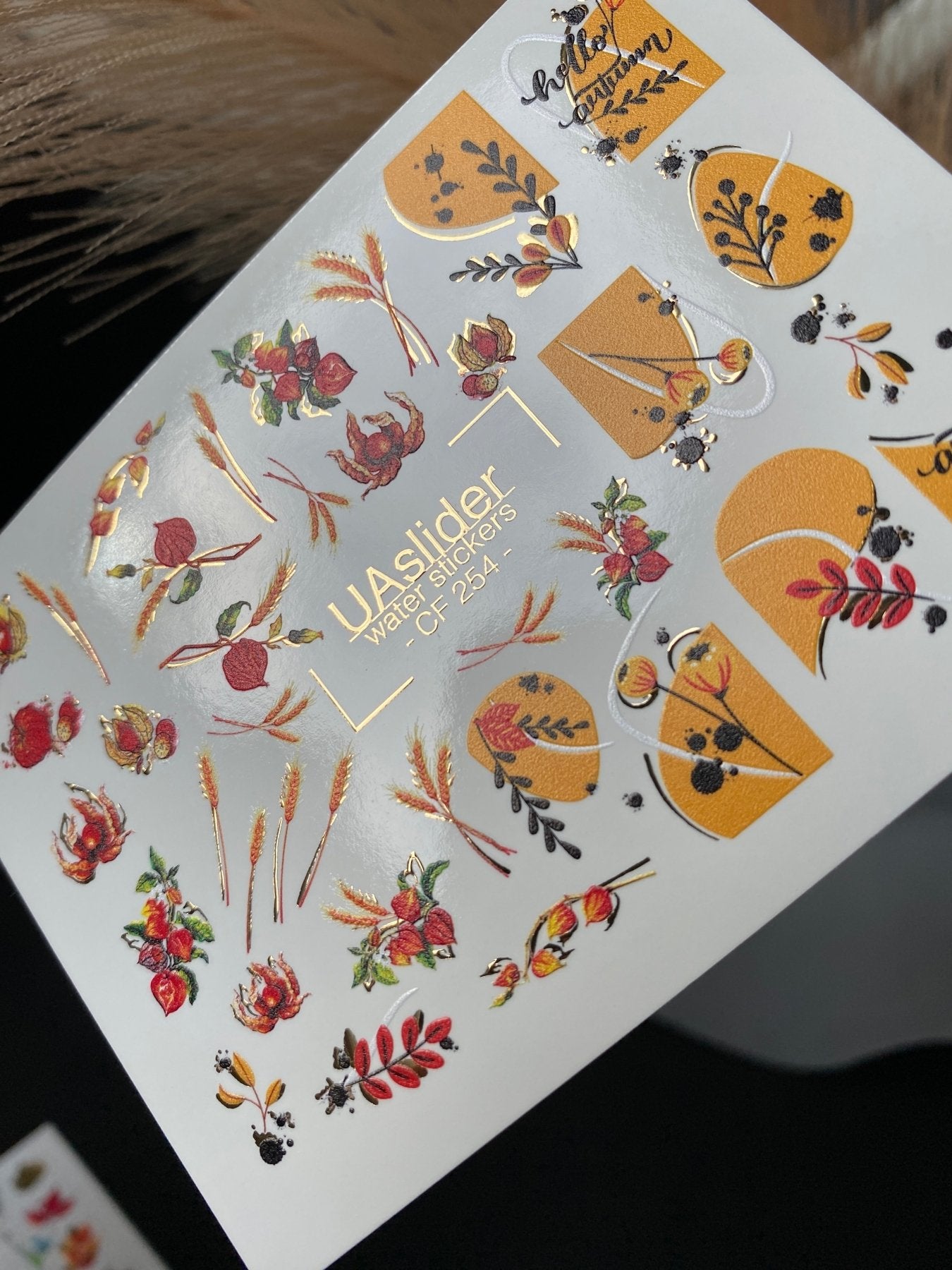 Nail Water Decal CF-254 | Autumn Water Slide Nail Decals | Wheat, Red Berries & Fall Leaves - UASLIDER