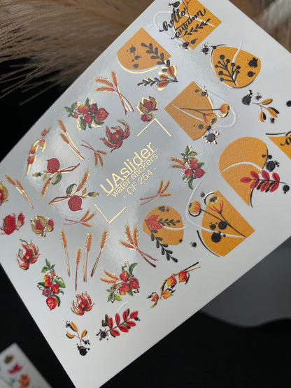 Nail Water Decal CF-254 | Autumn Water Slide Nail Decals | Wheat, Red Berries & Fall Leaves