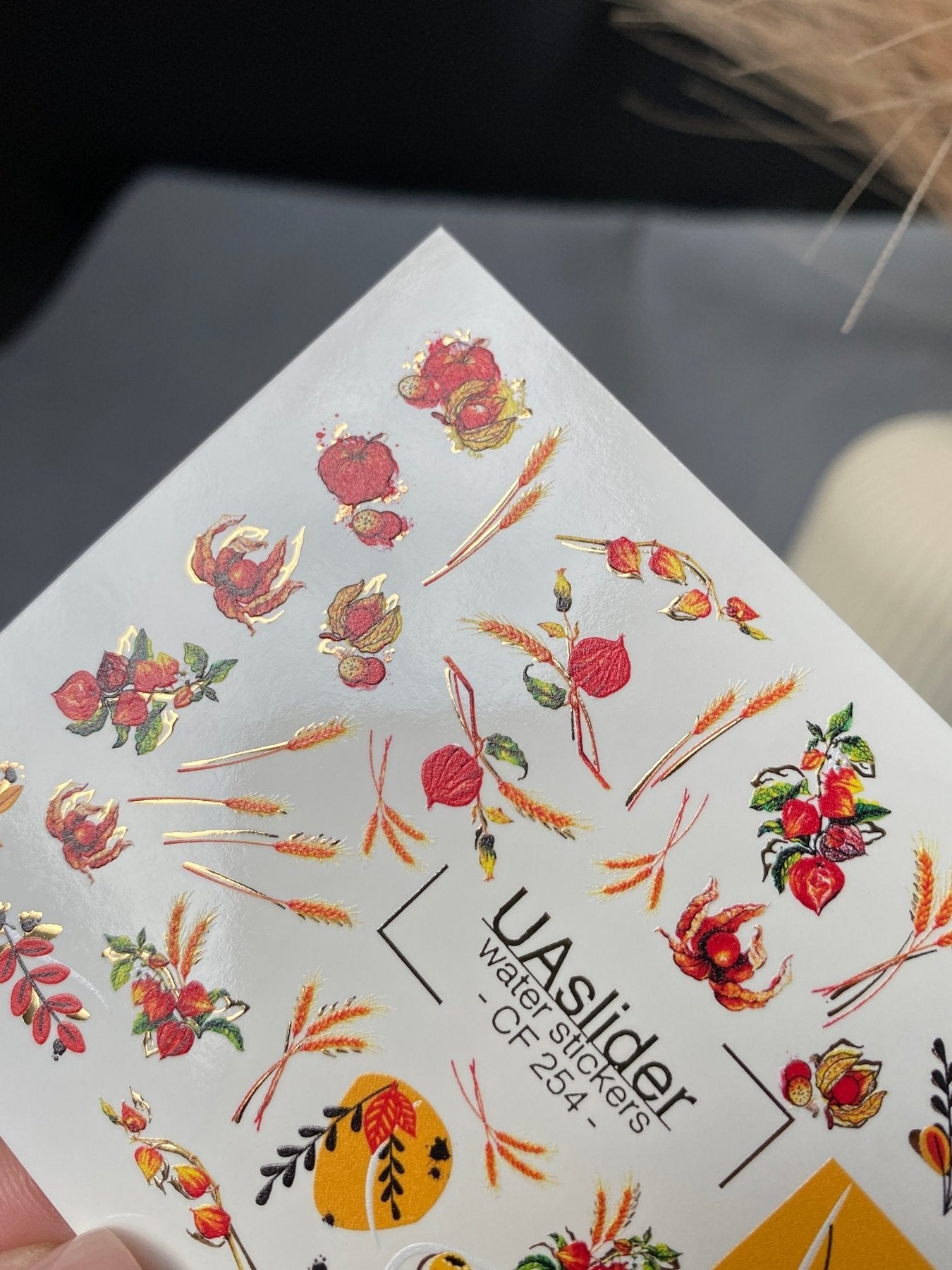 Nail Water Decal CF-254 | Autumn Water Slide Nail Decals | Wheat, Red Berries & Fall Leaves - UASLIDER