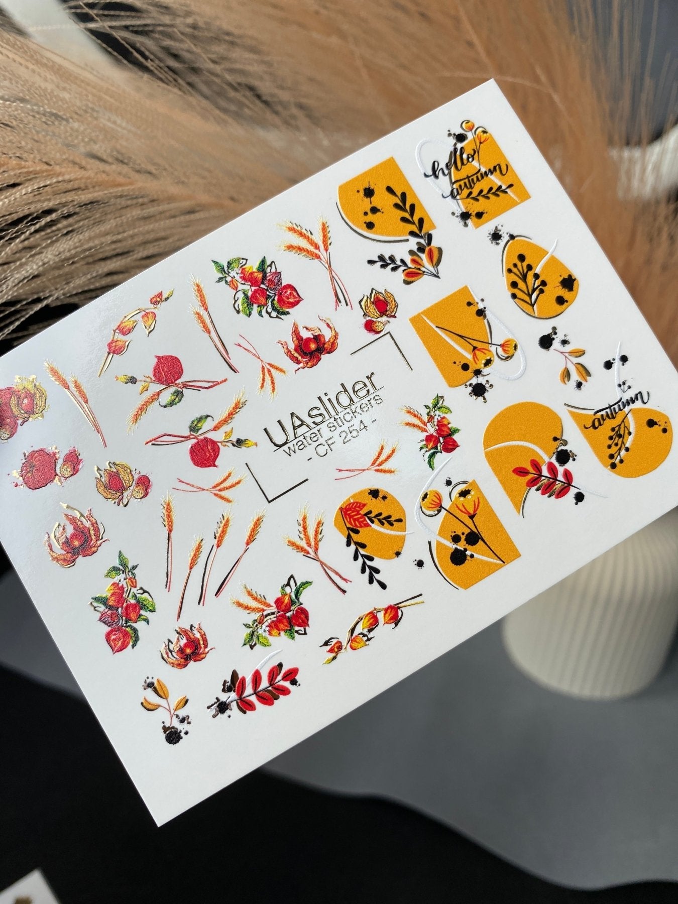 Nail Water Decal CF-254 | Autumn Water Slide Nail Decals | Wheat, Red Berries & Fall Leaves - UASLIDER