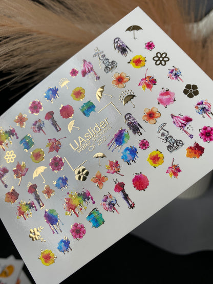 Nail Water Decal CF-252 | Watercolor Water Slide Nail Decals | Colorful Flowers & Rainy Day Art