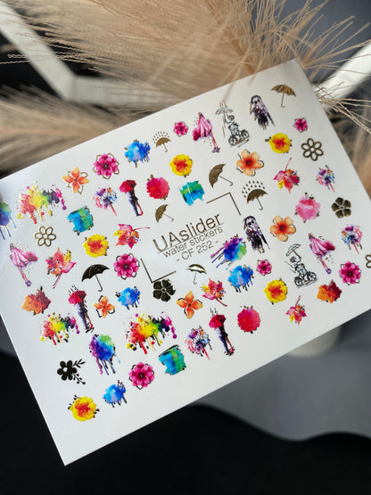 Nail Water Decal CF-252 | Watercolor Water Slide Nail Decals | Colorful Flowers & Rainy Day Art