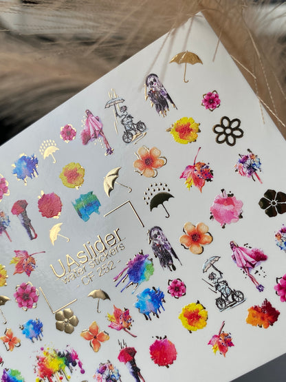 Nail Water Decal CF-252 | Watercolor Water Slide Nail Decals | Colorful Flowers & Rainy Day Art