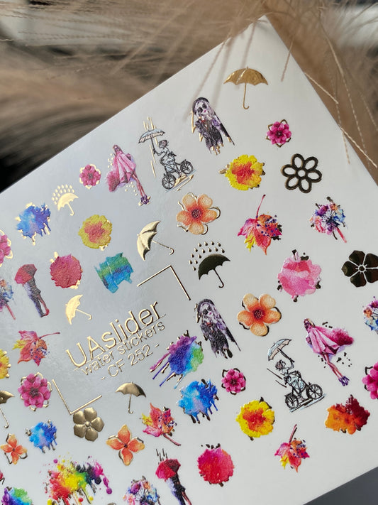 Nail Water Decal CF-252 | Watercolor Water Slide Nail Decals | Colorful Flowers & Rainy Day Art