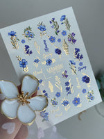 Nail Water Decal CF-209 | Nail Water Decals | Blue Wildflowers with Gold Foil Accents - UASLIDER