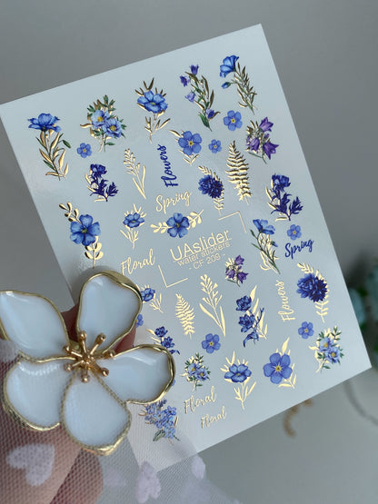 Calcomanía de Agua para Uñas CF-209 | Calcomanías de Agua para Uñas | Flores Silvestres Azules con Detalles en Papel Dorado