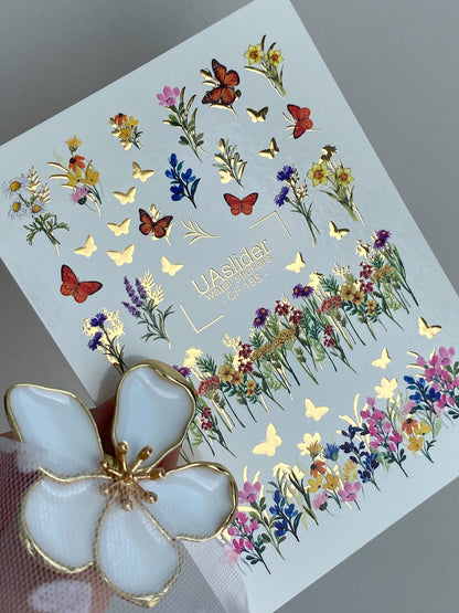 ملصق مائي للأظافر CF-185 | ملصقات مائية للأظافر | حقول الأزهار البرية والفراشات الذهبية