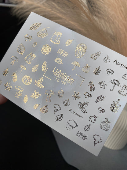 Nagel Wasserabziehbild Fg-169 | Goldfolie Wasser-Schiebefolie Nagelabziehbilder | Herbstblätter & Gemütliche Herbst-Elemente