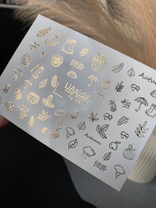 Nail Water Decal Fg-169 | Gold Foil Water Slide Nail Decals | Autumn Leaves & Cozy Fall Elements