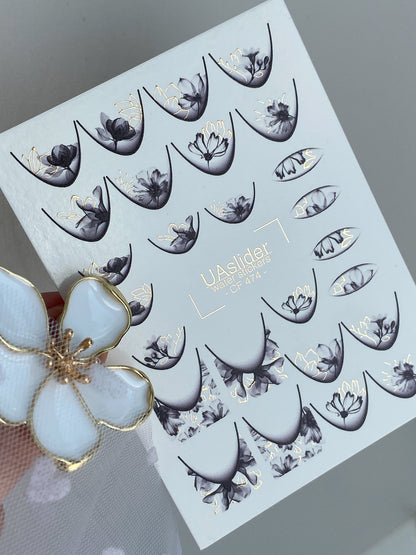 Nail Water Decal CF-474 | Elegant Floral Nail Decals | Grey Lilac Flowers with Gold Details