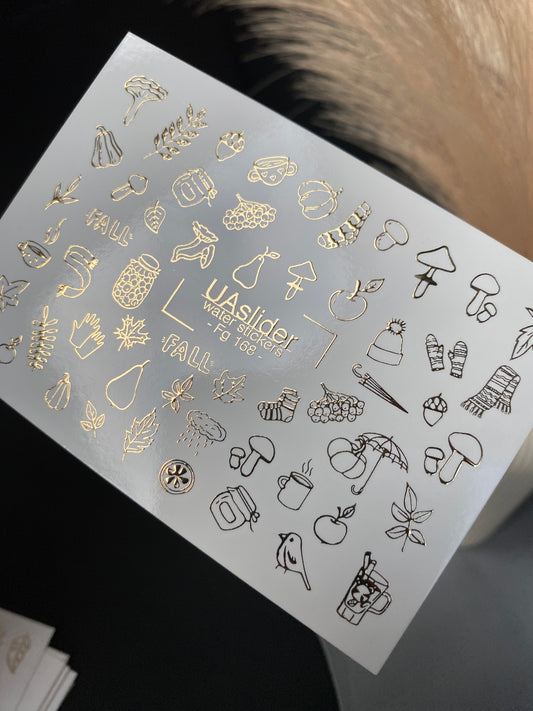 Nail Water Decal Fg-168 | Gold Foil Water Slide Nail Decals | Cozy Autumn & Fall Elements