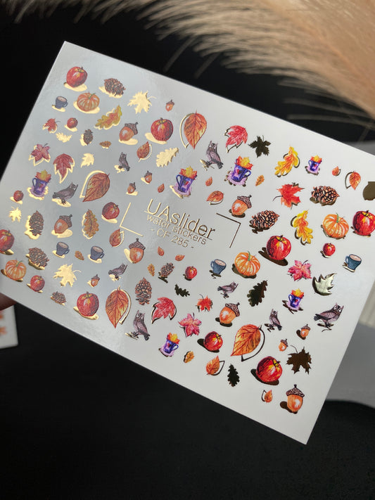Nail Water Decal CF-285 | Autumn Cozy Water Slide Nail Decals | Pumpkins, Apples & Forest Accents