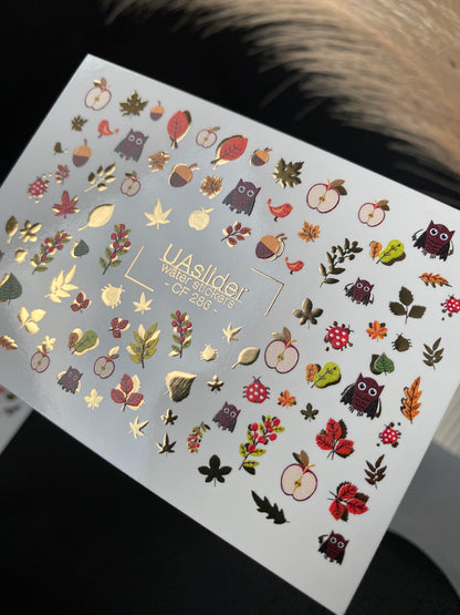 Nail Water Decal CF-286 | Autumn Forest Water Slide Nail Decals | Owls, Apples & Woodland Leaves