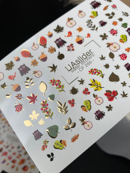 Nail Water Decal CF-286 | Autumn Forest Water Slide Nail Decals | Owls, Apples & Woodland Leaves