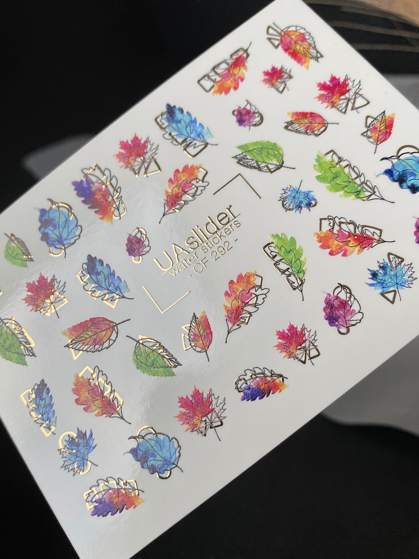 Nail Water Decal CF-292 | Rainbow Autumn Water Slide Nail Decals | Colorful Fall Leaves & Geometric Accents