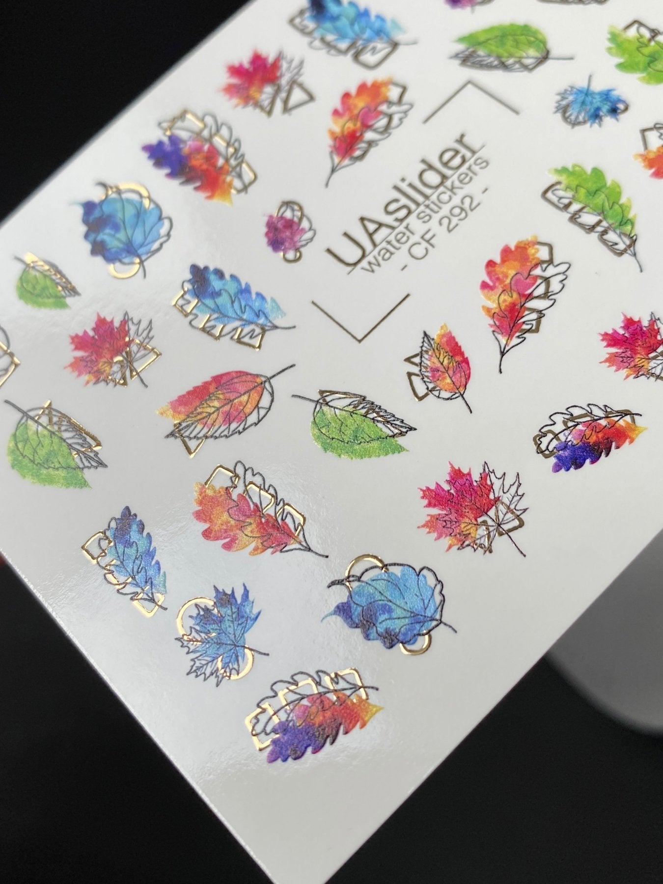 Nail Water Decal CF-292 | Rainbow Autumn Water Slide Nail Decals | Colorful Fall Leaves & Geometric Accents - UASLIDER
