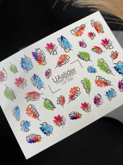 Nail Water Decal CF-292 | Rainbow Autumn Water Slide Nail Decals | Colorful Fall Leaves & Geometric Accents