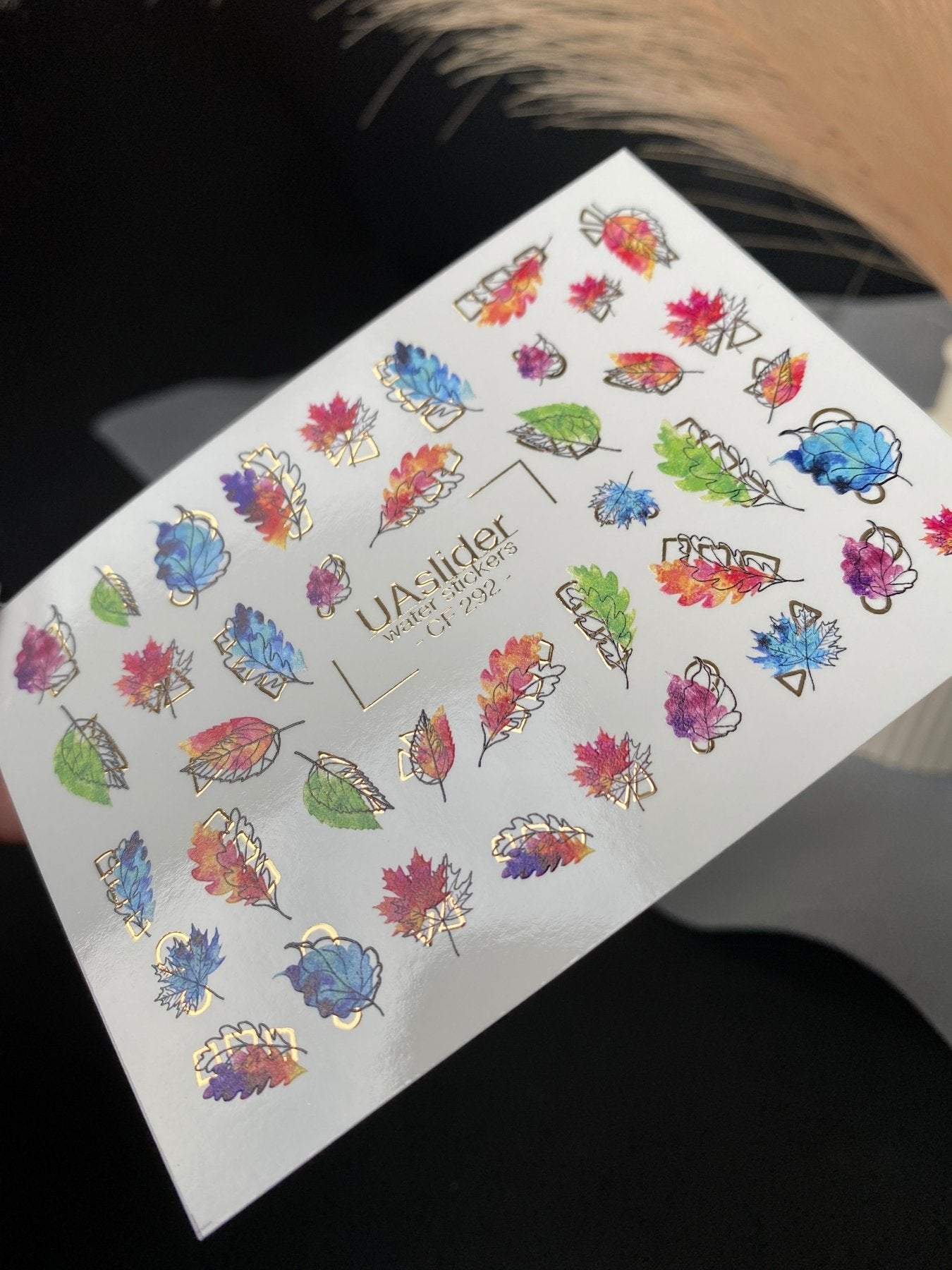 Nail Water Decal CF-292 | Rainbow Autumn Water Slide Nail Decals | Colorful Fall Leaves & Geometric Accents - UASLIDER