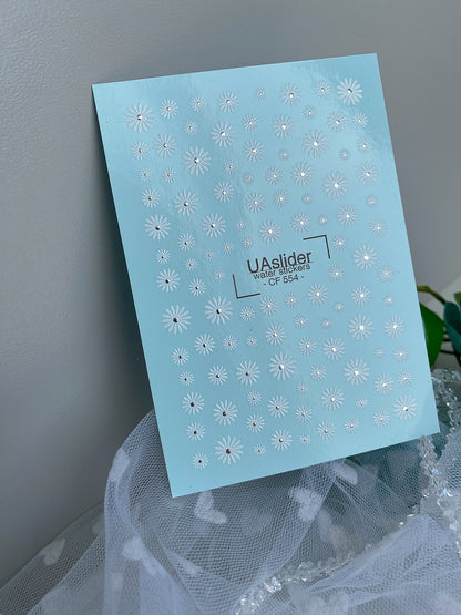 Nail Water Decal CF-554 | Water Slide Nail Decals with Daisies | White Floral Nail Art