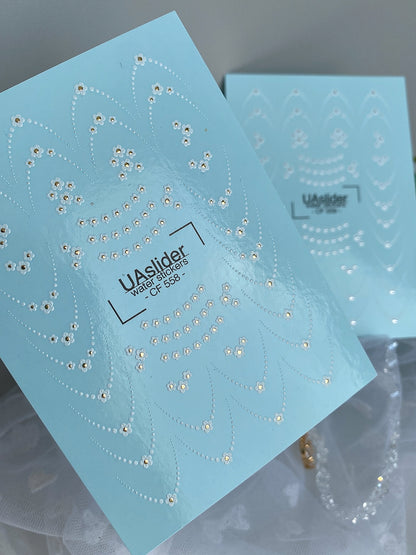 Nail Water Decal CF-558 | French Water Slide Nail Decals with Floral Dots | White Flowers and Delicate Lines