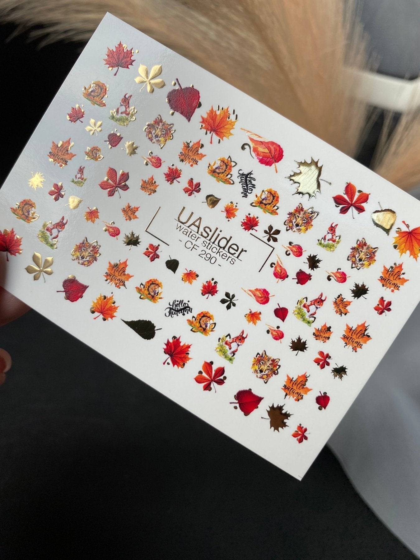 Nail Water Decal CF-290 | Autumn Forest Water Slide Nail Decals | Squirrels, Hedgehogs & Fall Leaves - UASLIDER