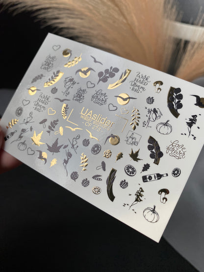 Nail Water Decal CF-273 | Autumn Water Slide Nail Decals | Colorful Fall Leaves & Hello Autumn Quotes