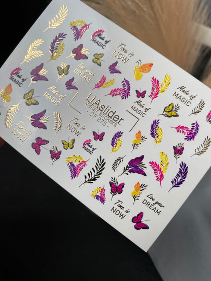 Décalcomanie d'eau pour ongles CF-275 | Décalcomanies d'eau pour ongles papillon | Papillons colorés, feuilles et citations magiques