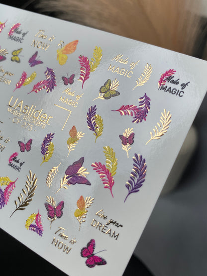 Décalcomanie d'eau pour ongles CF-275 | Décalcomanies d'eau pour ongles papillon | Papillons colorés, feuilles et citations magiques