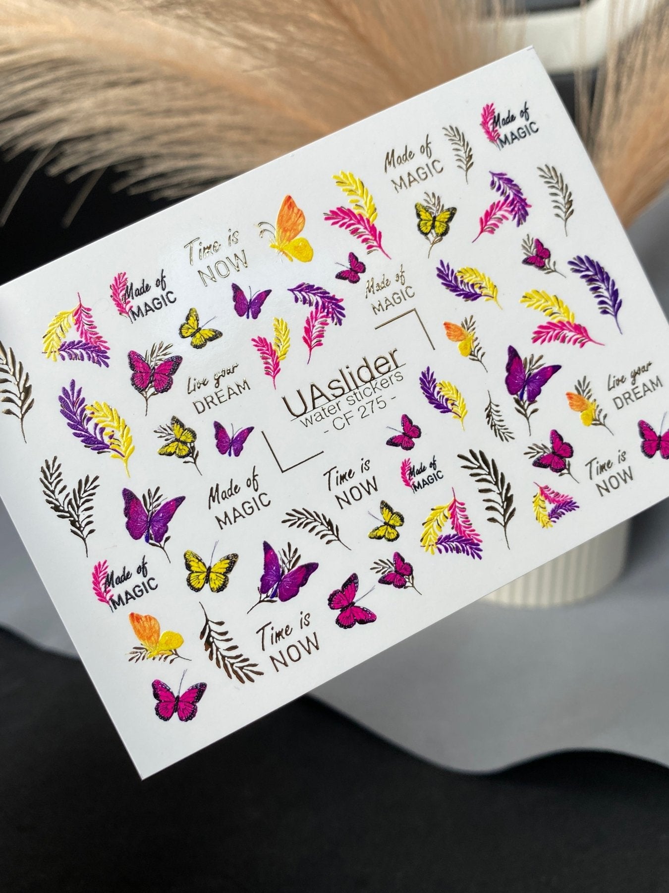 Nail Water Decal CF-275 | Butterfly Water Slide Nail Decals | Colorful Butterflies, Leaves & Magic Quotes - UASLIDER