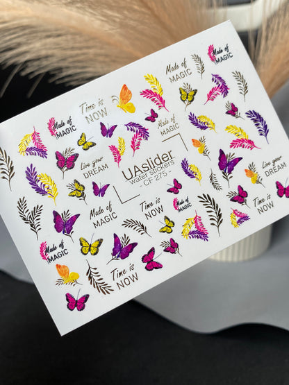 Décalcomanie d'eau pour ongles CF-275 | Décalcomanies d'eau pour ongles papillon | Papillons colorés, feuilles et citations magiques