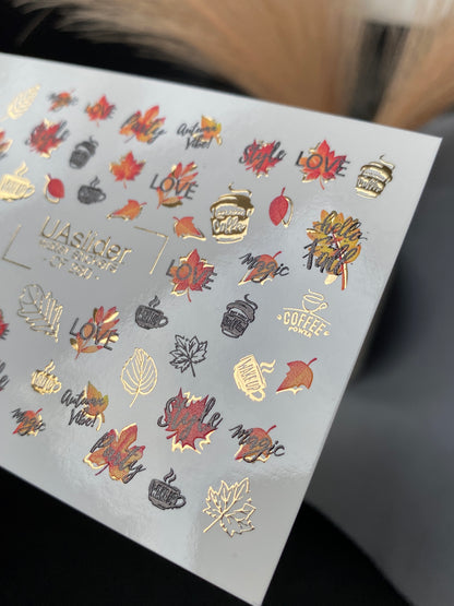 Nail Water Decal CF-280 | Autumn Water Slide Nail Decals | Fall Leaves, Coffee & Quotes