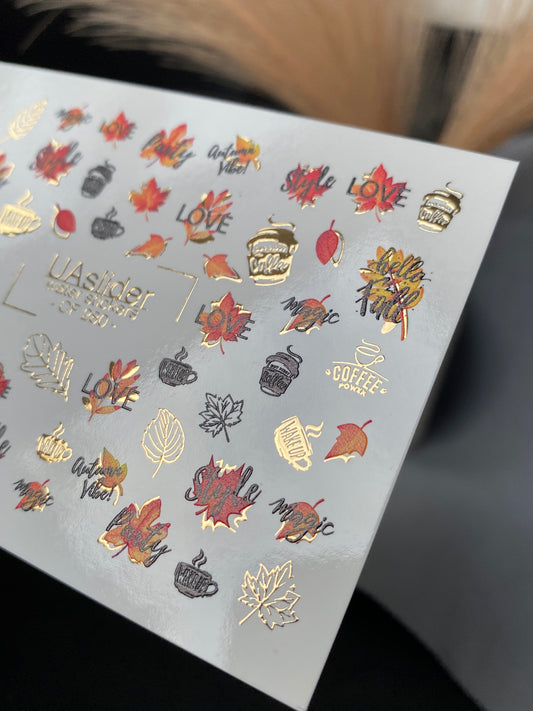 Nail Water Decal CF-280 | Autumn Water Slide Nail Decals | Fall Leaves, Coffee & Quotes