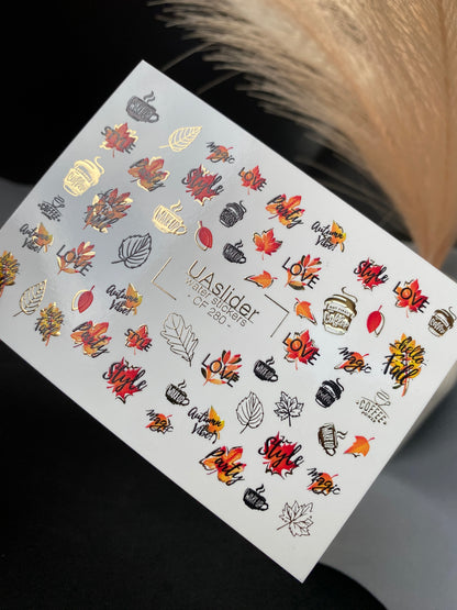 Nail Water Decal CF-280 | Autumn Water Slide Nail Decals | Fall Leaves, Coffee & Quotes