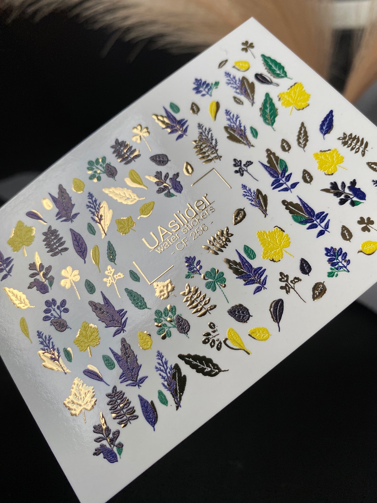 Nail Water Decal CF-256 | Botanical Water Slide Nail Decals | Yellow, Green & Blue Leaves with Gold Foil
