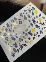 Nail Water Decal CF-256 | Botanical Water Slide Nail Decals | Yellow, Green & Blue Leaves with Gold Foil - UASLIDER