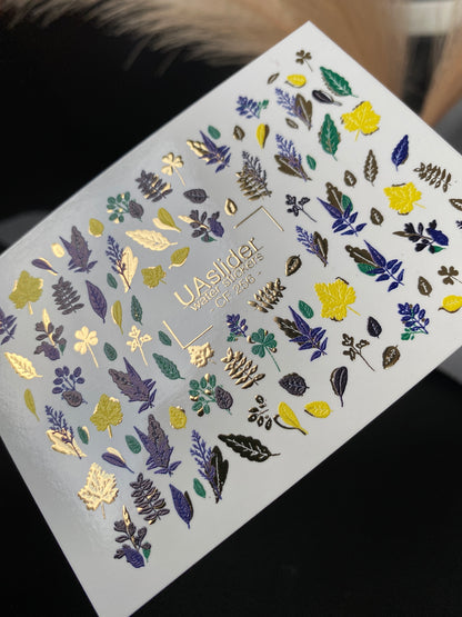 Nail Water Decal CF-256 | Botanical Water Slide Nail Decals | Yellow, Green & Blue Leaves with Gold Foil