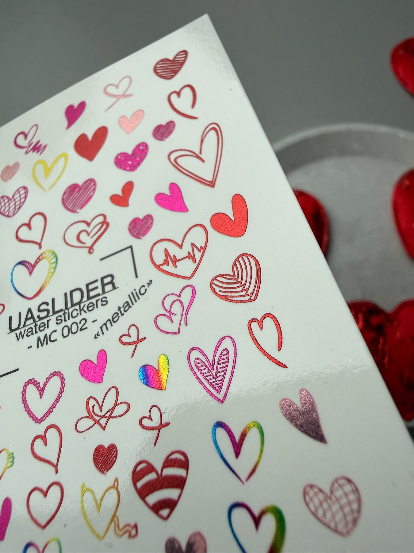 Heart Nail Decals — Metallic Pink Red Hearts All Shapes | MC-002