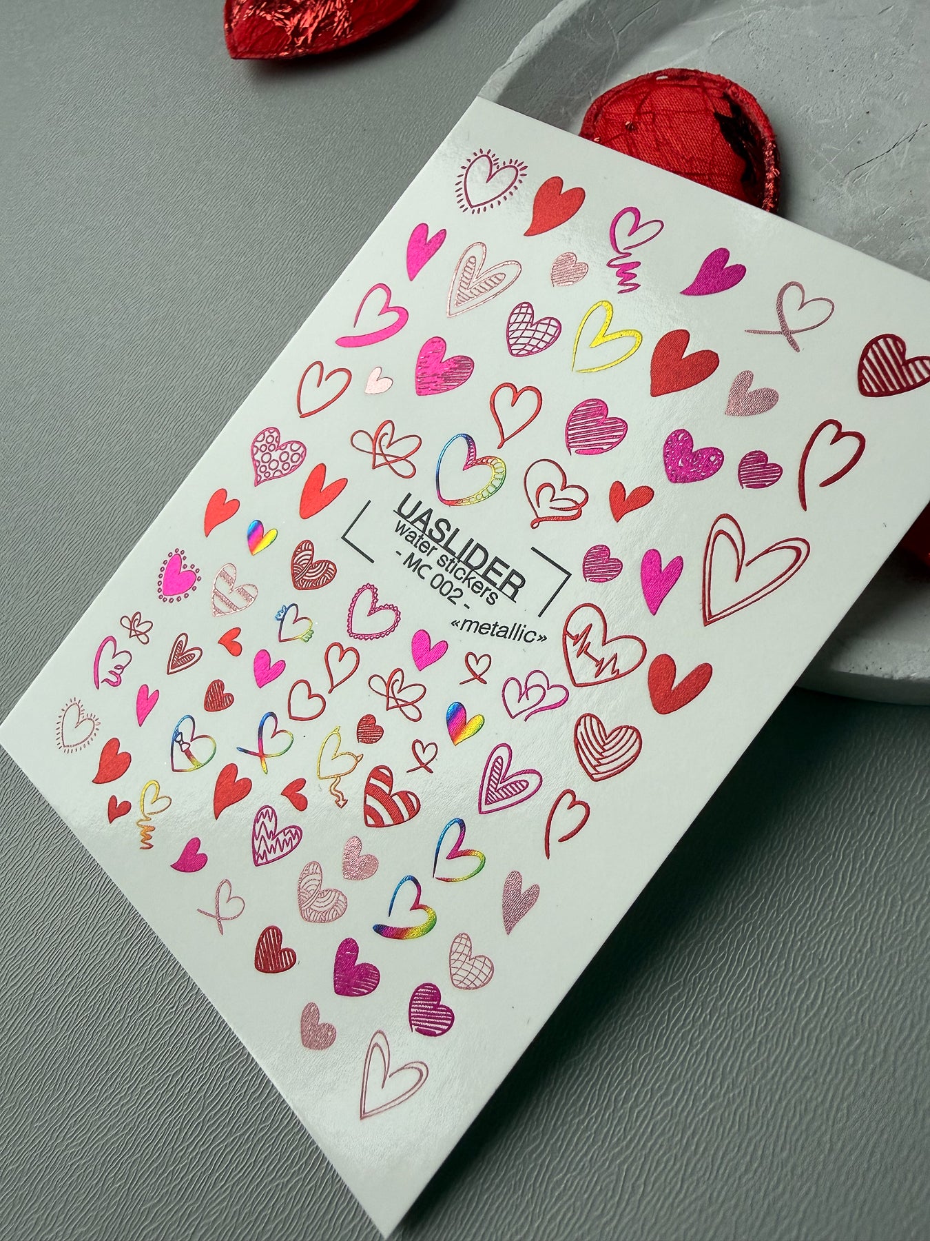 Heart Nail Decals — Metallic Pink Red Hearts All Shapes | MC-002