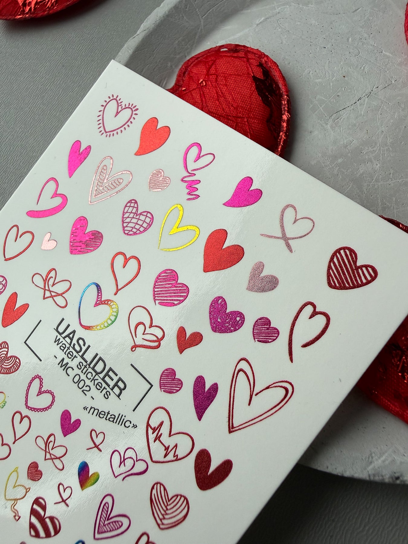 Heart Nail Decals — Metallic Pink Red Hearts All Shapes | MC-002