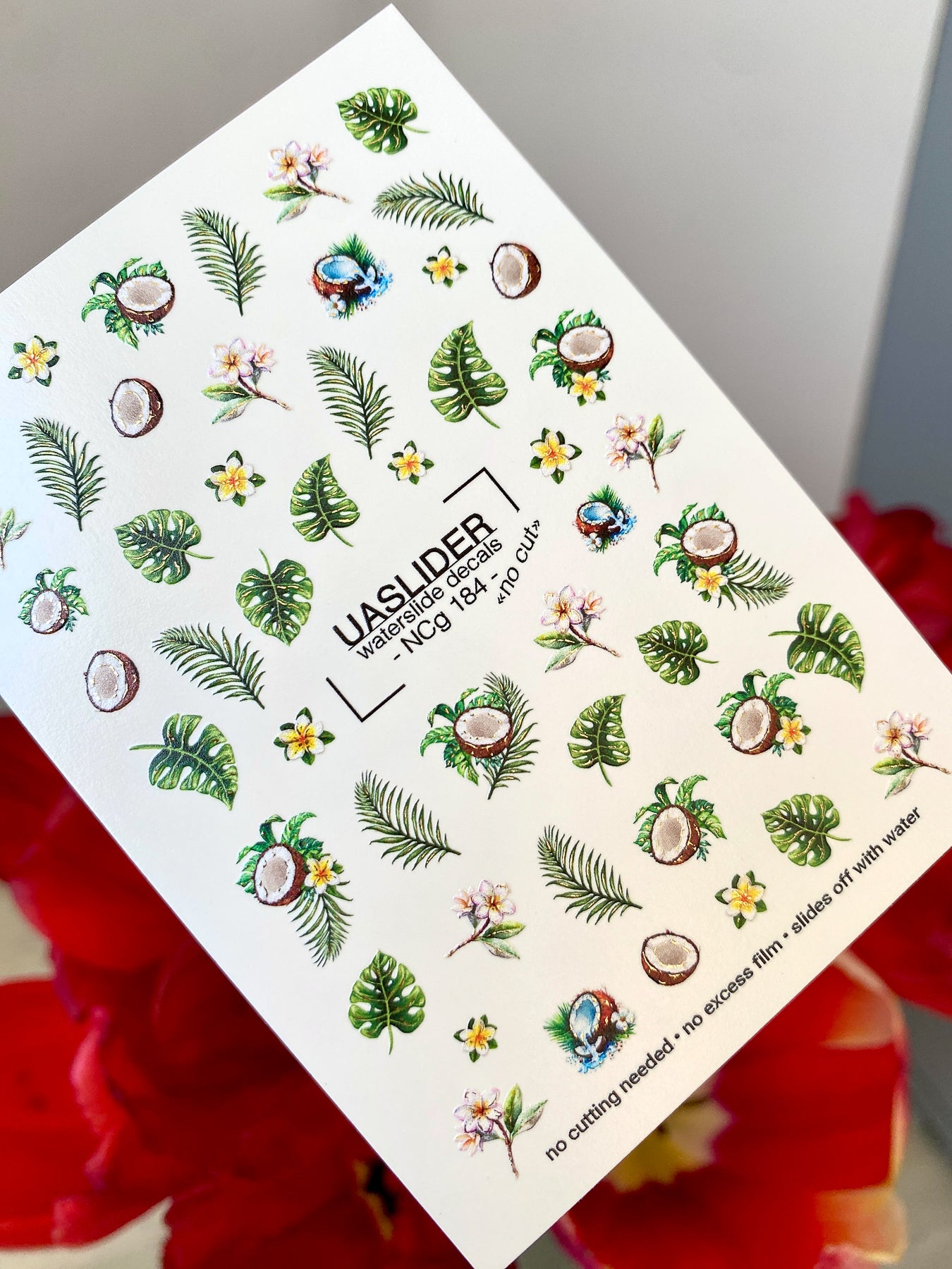 Tropical Nail Decals — Coconut, Monstera & Plumeria Flowers | NCg-184