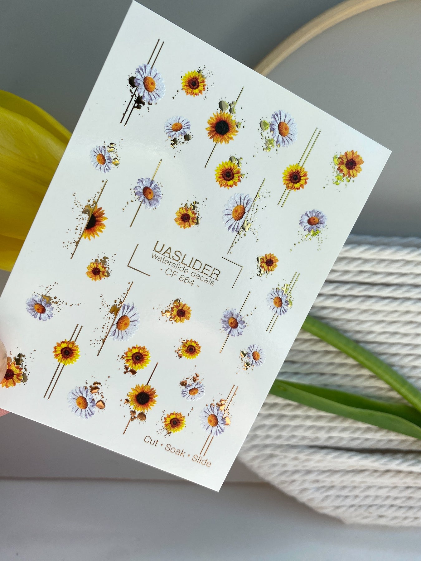 Flower Nail Decals — Sunflowers & Lavender Daisies with Gold Foil | CF-864