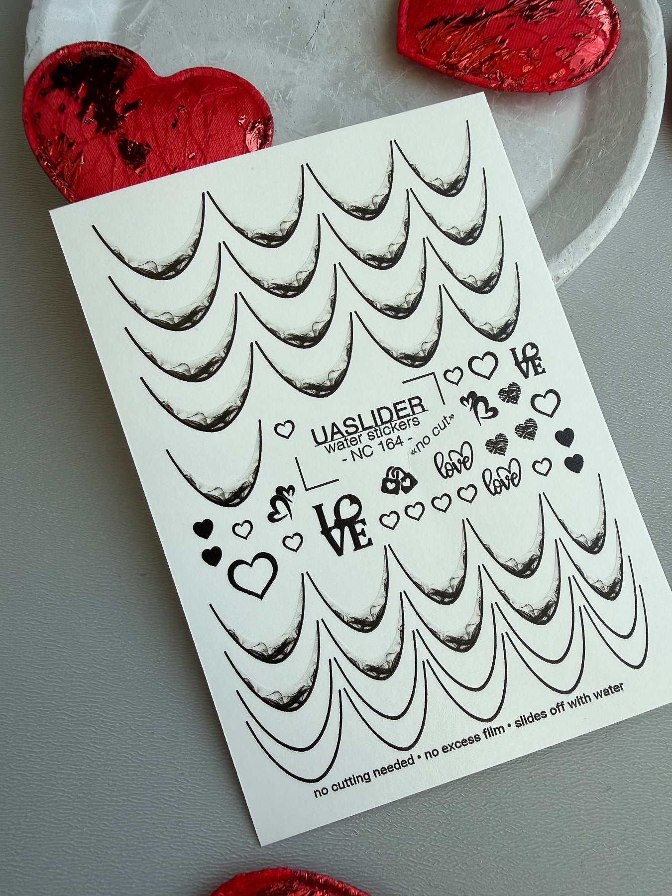 French Tip Nail Decals — Black Lace Tips with Love & Heart Accents | NC-164