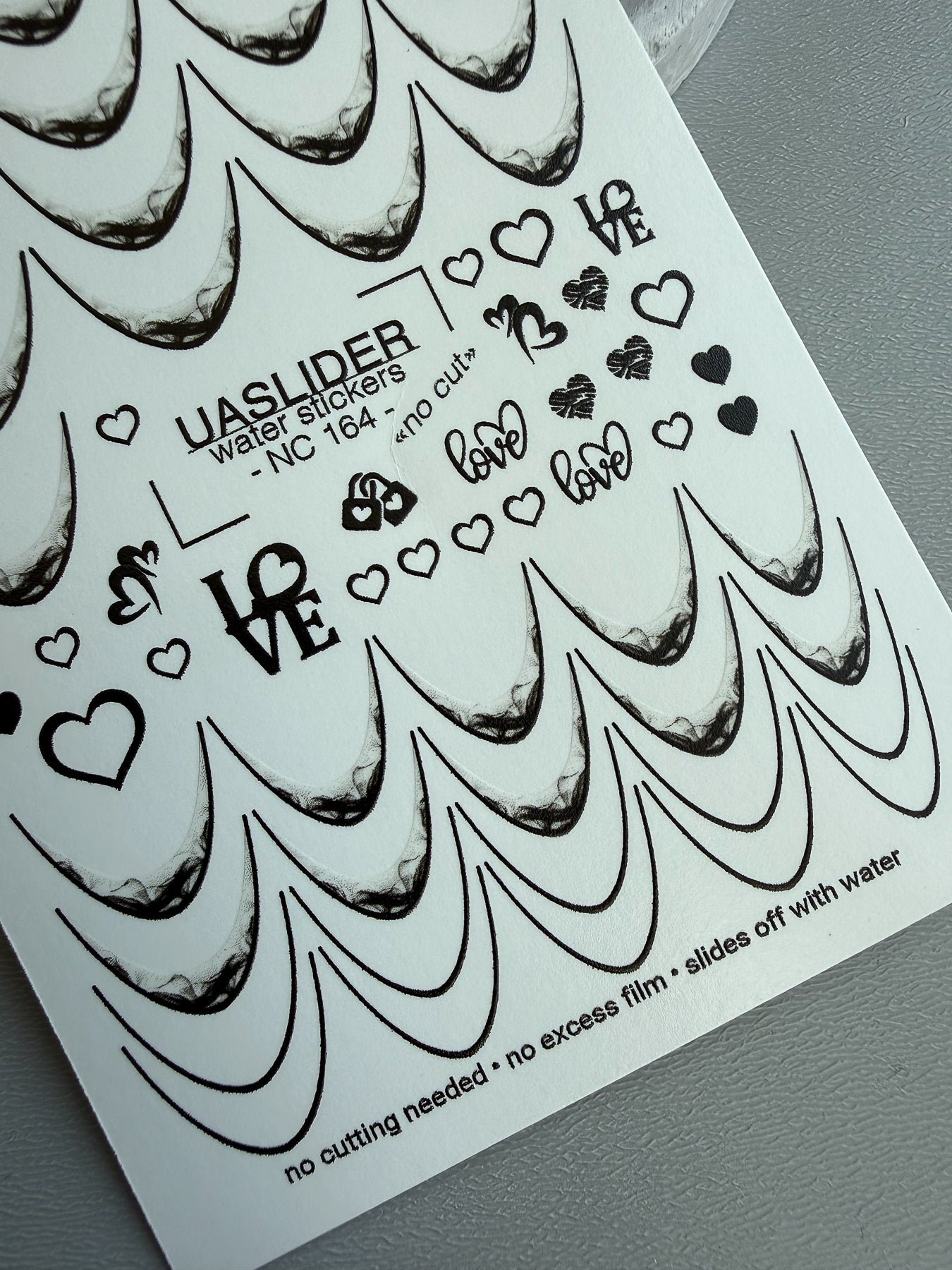 French Tip Nail Decals — Black Lace Tips with Love & Heart Accents | NC-164