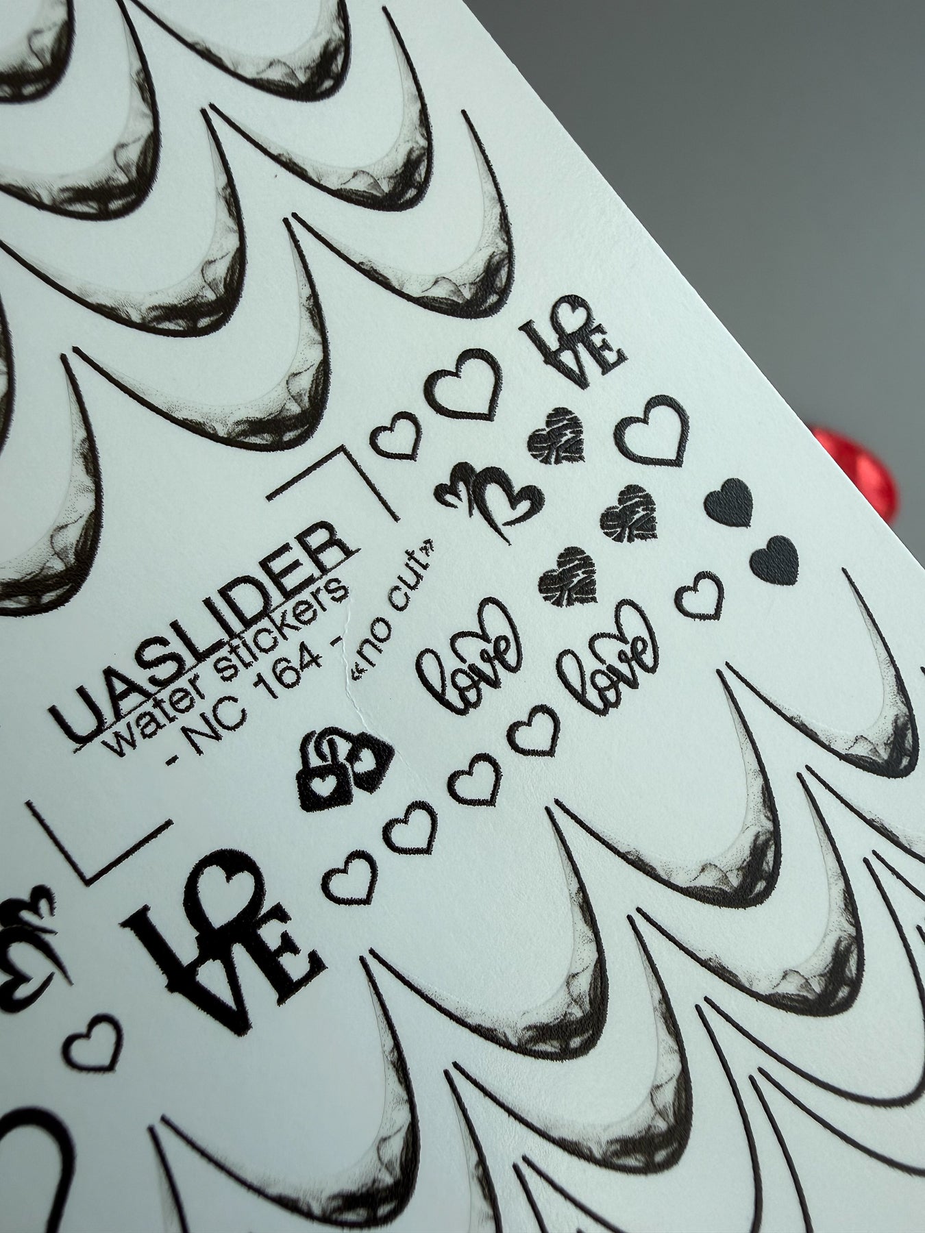 French Tip Nail Decals — Black Lace Tips with Love & Heart Accents | NC-164