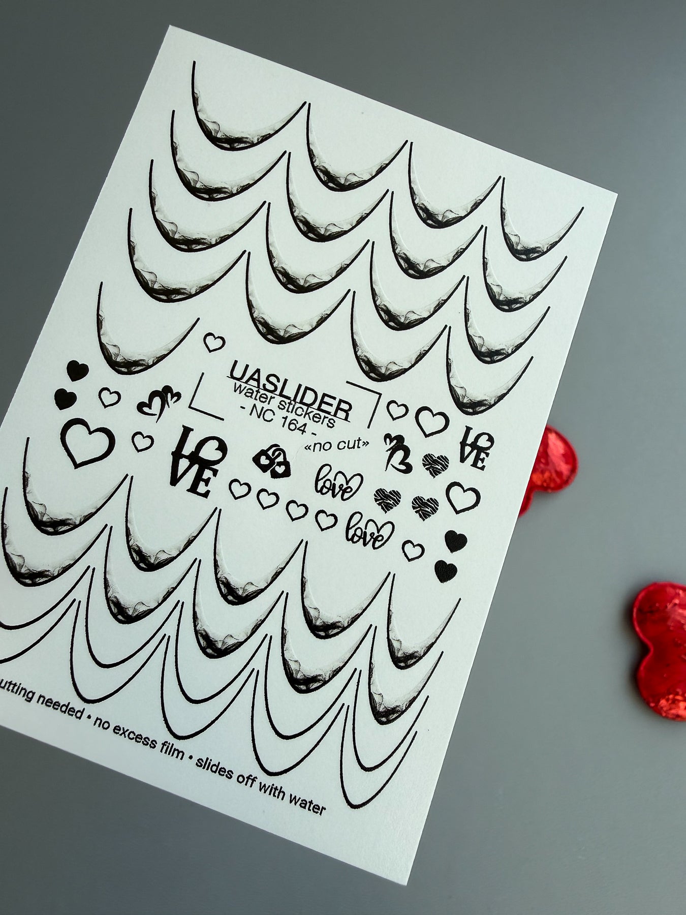 French Tip Nail Decals — Black Lace Tips with Love & Heart Accents | NC-164